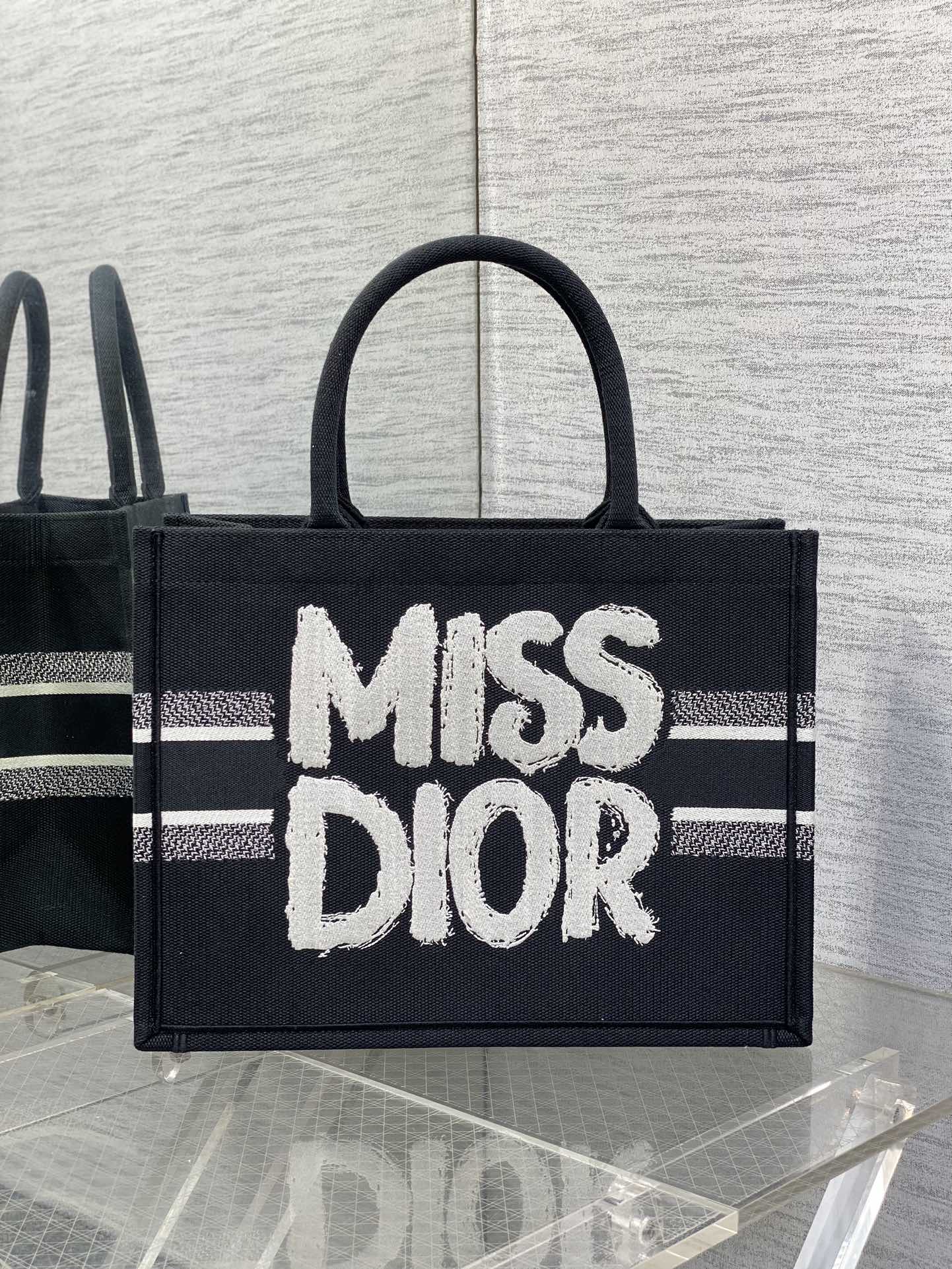 Large Dior Book Tote Bag Black and White Miss Dior Graffiti Embroidery